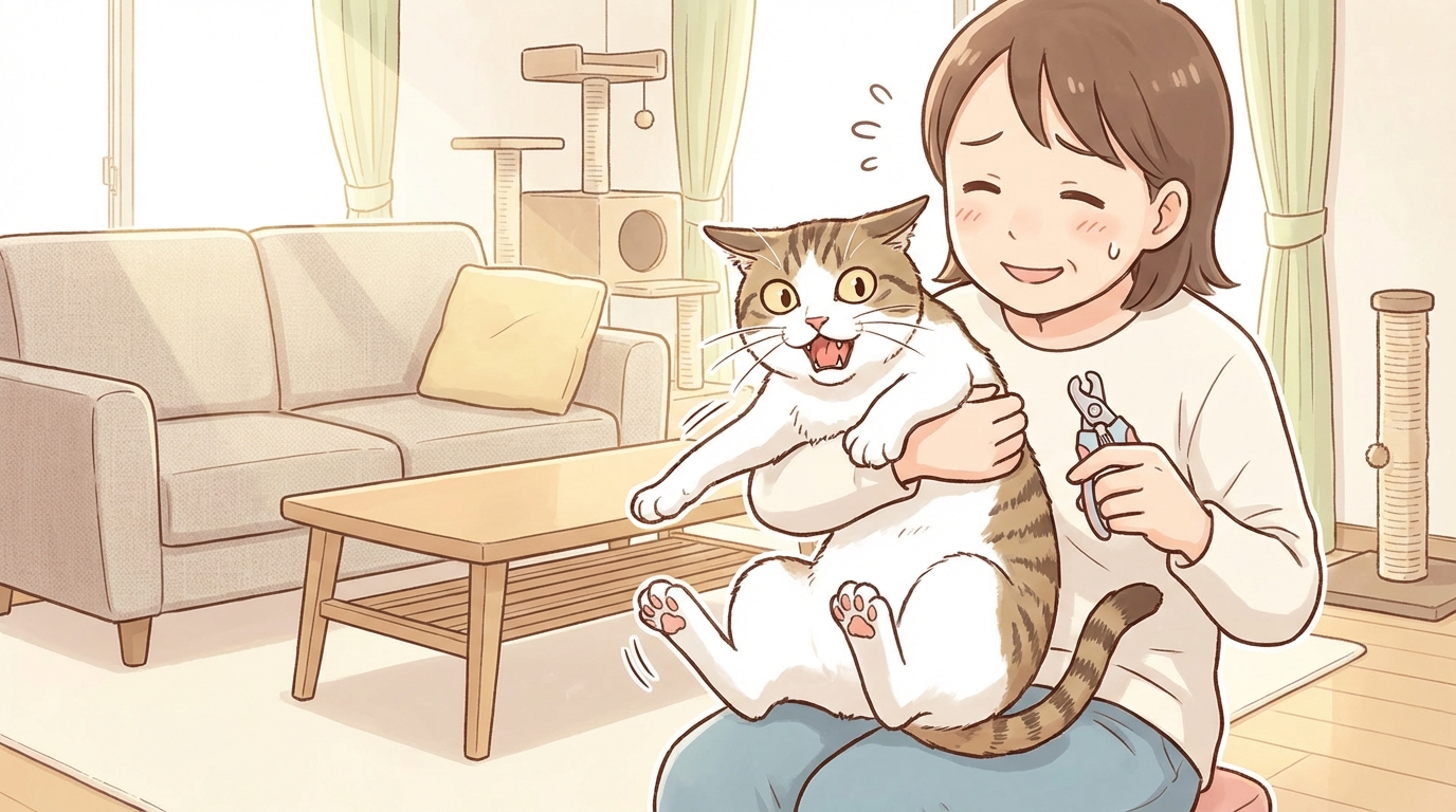 猫が爪切りを嫌がるイラスト