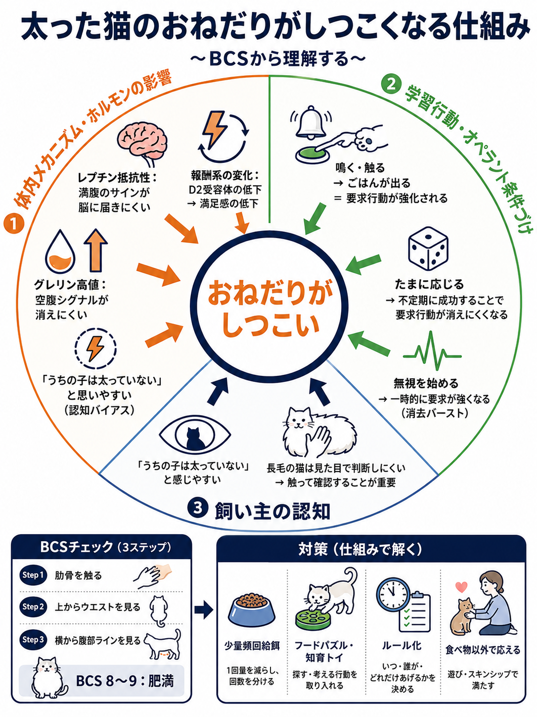 肥満猫のおねだりがしつこくなる体内メカニズムの図解