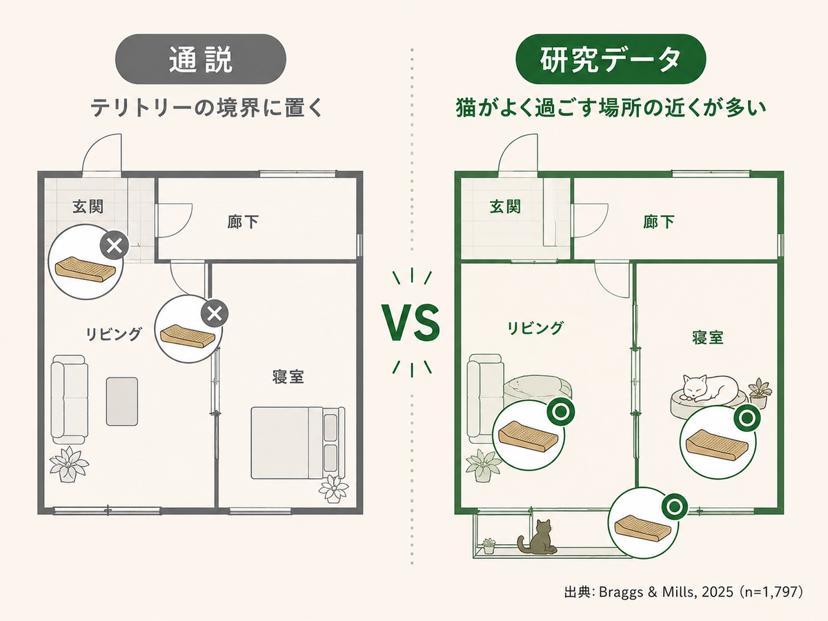 爪とぎ配置の通説と研究データの比較図。通説では玄関や入口を推奨するが、研究データでは猫がよく過ごす場所の近くで爪とぎが多いことを示す
