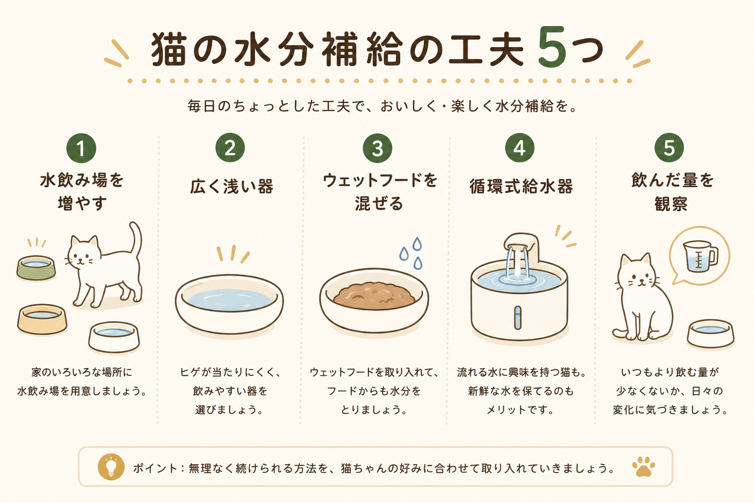 猫の水分補給の工夫5つをまとめたインフォグラフィック。水飲み場を増やす、広い器に変える、ウェットフードを混ぜる、給水器を試す、飲んだ量を観察する