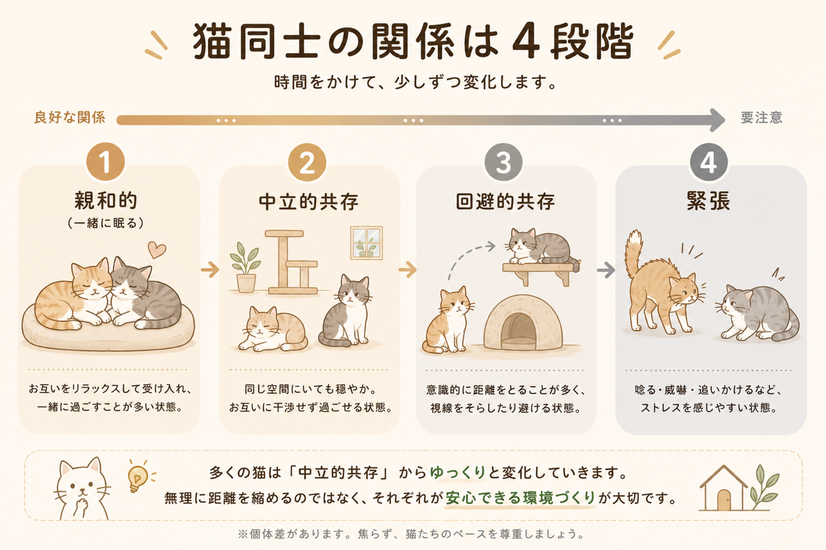 猫同士の関係の4段階グラデーション図。親和的な関係、中立的な共存、回避的な共存、緊張状態を示す