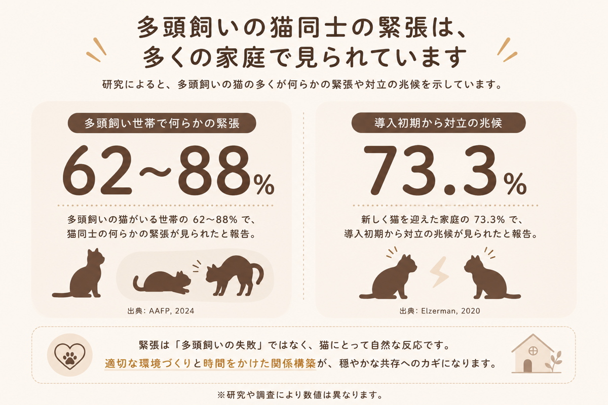 多頭飼い世帯の猫同士の緊張に関するデータ図。AAFP（2024）では62〜88%の世帯で何らかの緊張、Elzermanら（2020）では73.3%が導入初期から対立の兆候と報告