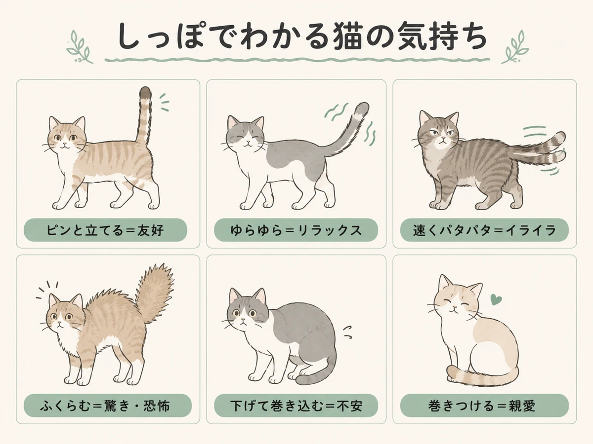しっぽの形・動き別に猫の気持ちを示すイラスト早見表。ピンと立てる＝友好、ゆらゆら＝リラックス、速くパタパタ＝イライラ、ふくらむ＝驚き・恐怖、下げて巻き込む＝不安、巻きつける＝親愛