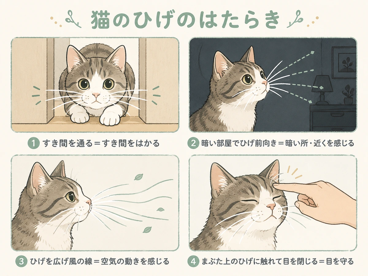 猫のひげのはたらきを示すイラスト。①すき間を通る＝すき間をはかる、②暗い所でひげを前に向ける＝暗い所・近くを感じる、③ひげを広げる＝空気の動きを感じる、④目の上のひげに触れて目を閉じる＝目を守る