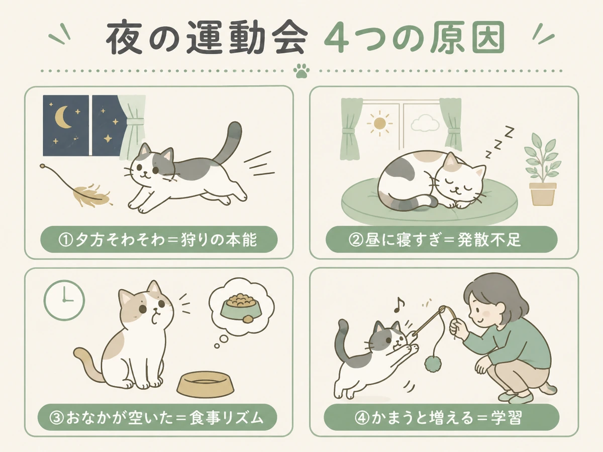 猫が夜に運動会をする4つの原因を示すイラスト。①夕方そわそわ＝狩りの本能、②昼に寝すぎ＝発散不足、③おなかが空いた＝食事リズム、④かまうと増える＝学習