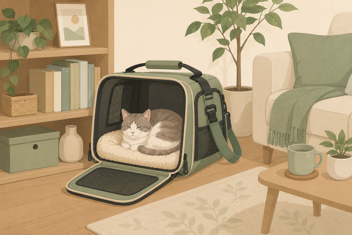 リビングに出しっぱなしにしたキャリーバッグの中で、自分から入ってくつろぐ猫。日常的に慣らすことが災害への備えになる