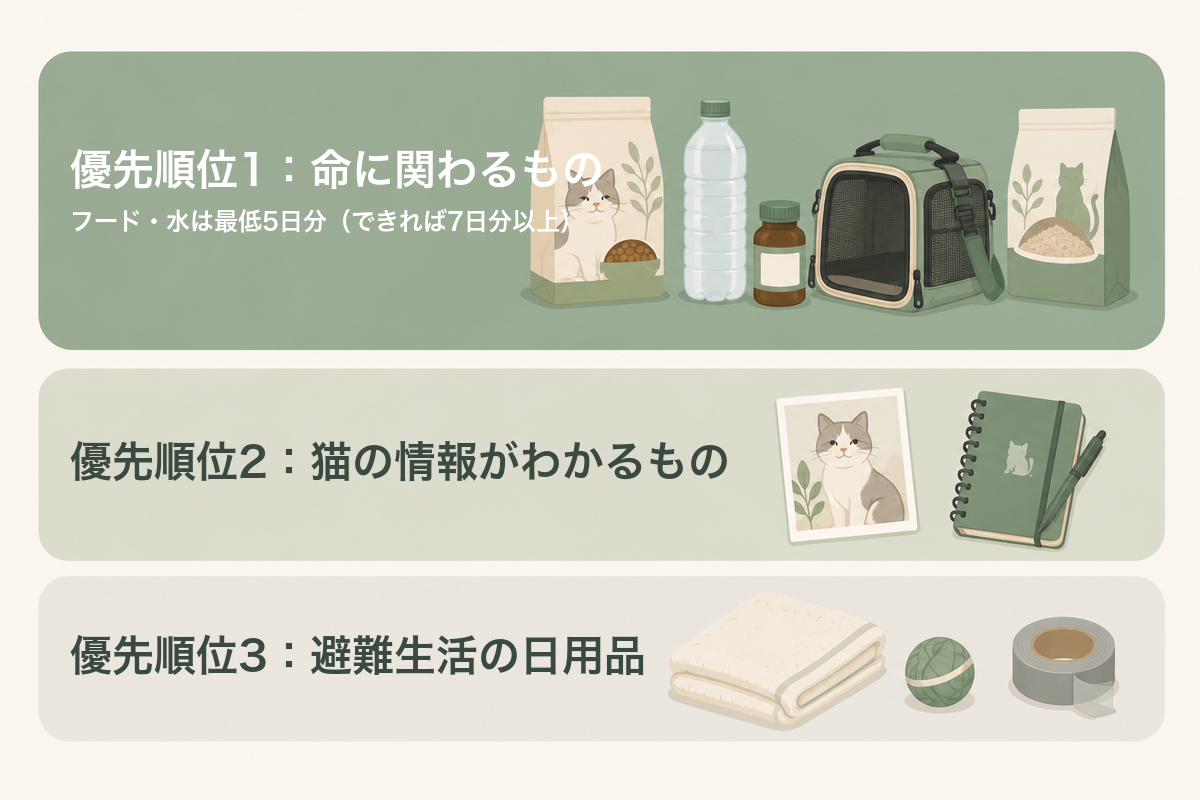 猫の防災グッズリストを優先順位1〜3に分けて示した図解。フードと水は最低5日分が目安