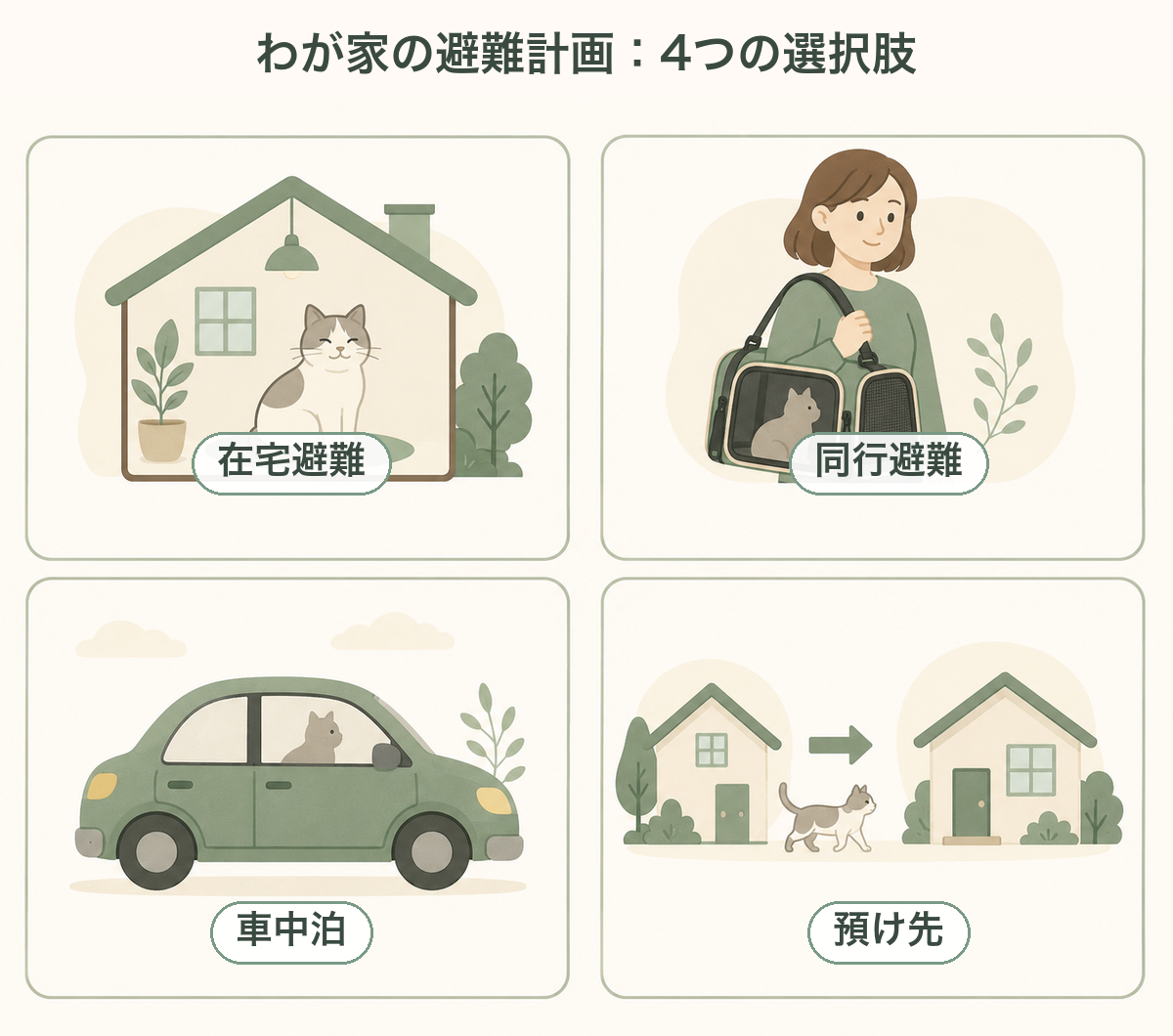 猫との避難の4つの選択肢（在宅避難・同行避難・車中泊・預け先）を示した図解